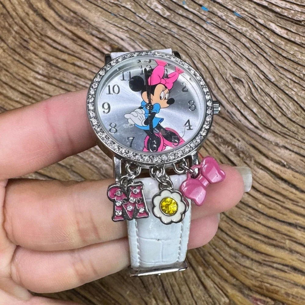 Disney Minnie Mouse Charm Watch White Faux Leather Strap Silver Dial MN1311IE